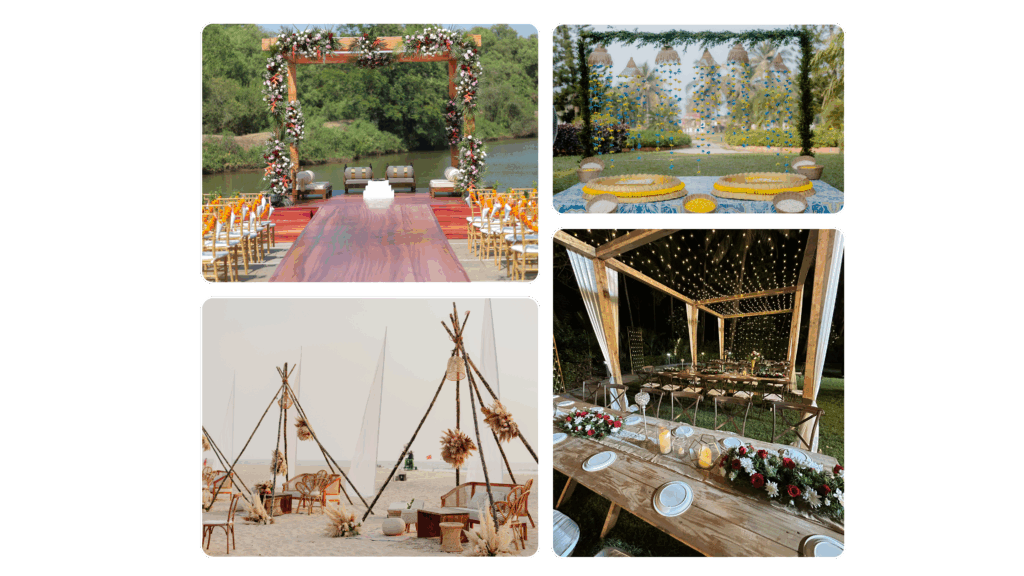 Traditional Hindu destination wedding mandap decor with floral pillars near a peaceful lake in Goa